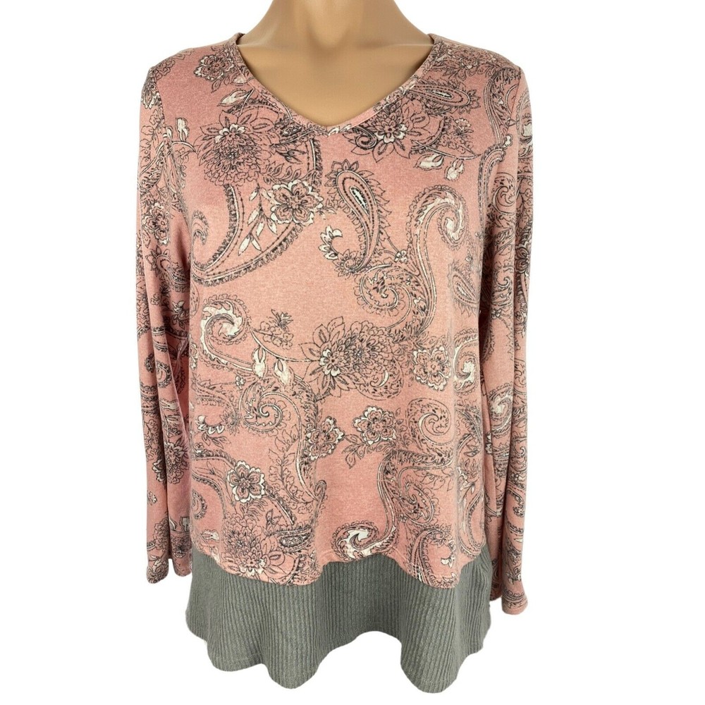 Ellen Tracy Pullover Sweater Sz M Pink w Gray & White Paisley Long Sleeve V-Neck